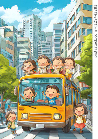 cartoon children taking bus ride through city for school activity 125443293