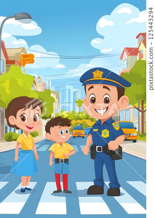 cartoon students learning traffic safety with policeman in city street 125443294