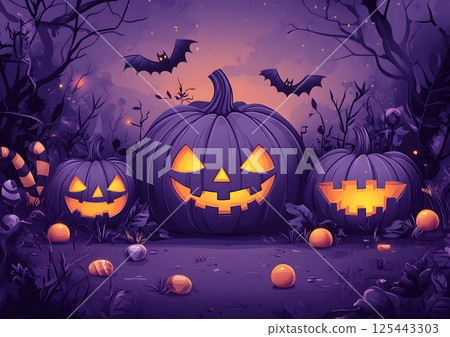 Halloween banner with pumpkins, bats, and candy, bright cartoon style 125443303