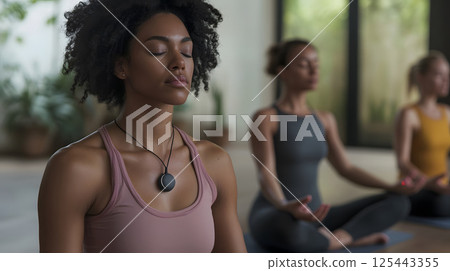 group of people doing yoga while using posture feedback wearables 125443355