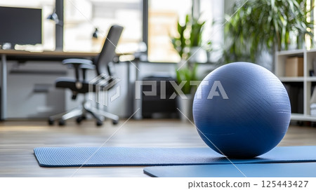 balance ball and yoga mat near workstation in hybrid office 125443427