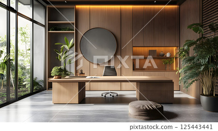 3D minimalist workspace with zen garden and warm tones 125443441