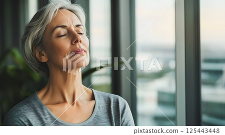 executive woman practicing deep breathing by office window 125443448