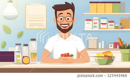 animated man smiling with healthy snack on desk 125443469