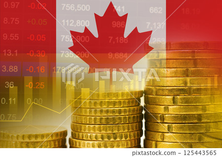 Canada flag on stock investment trading with coin and graph. 125443565