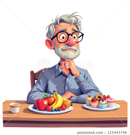 Vsai senior man choosing between healthy fruits and unhealthy sugary cakes and pastries 125443746