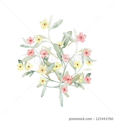 Watercolor composition of yellow and pink flowers spots and green leaves. Hand drawn illustration buds on isolated white background. Soft pastel iridescent watercolors. 125443760