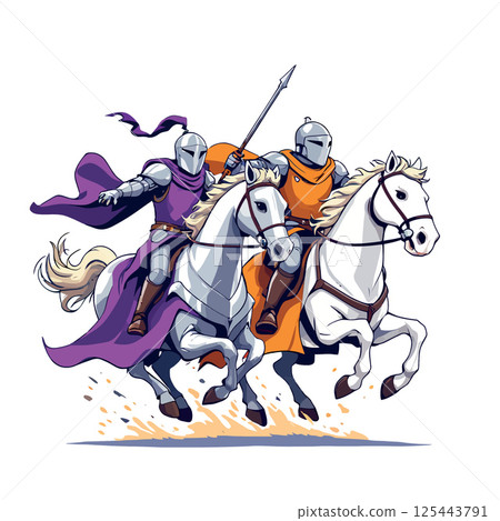 Vsai medieval knights riding horses into battle, charging forward Vsai medieval knights riding horses into battle, charging forward 125443791