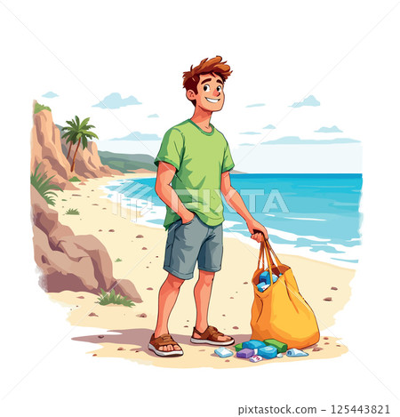 Vsai volunteer collecting plastic waste on the beach, environmental awareness Vsai volunteer collecting plastic waste on the beach, environmental awareness 125443821
