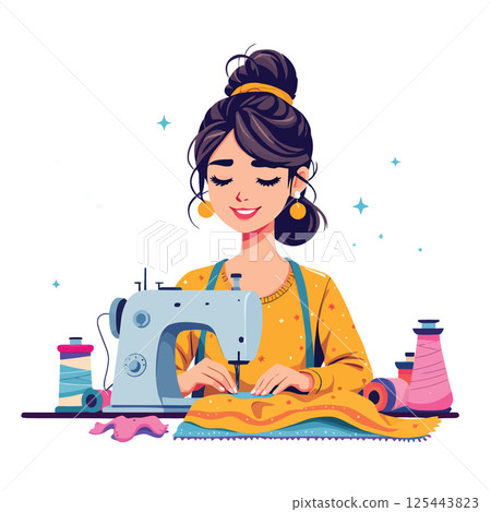 Vsai seamstress sewing colorful fabric with sewing machine 125443823