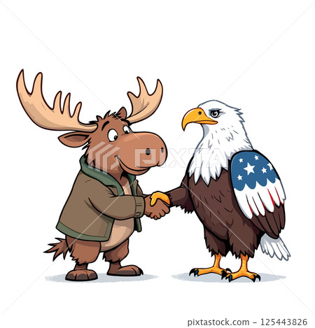 Vsai moose shaking hands with american eagle, cartoon animals embracing patriotism Vsai moose shaking hands with american eagle, cartoon animals embracing patriotism 125443826