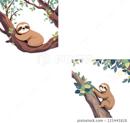 Vsai sloths sleeping and climbing on tree branches in jungle 125443828