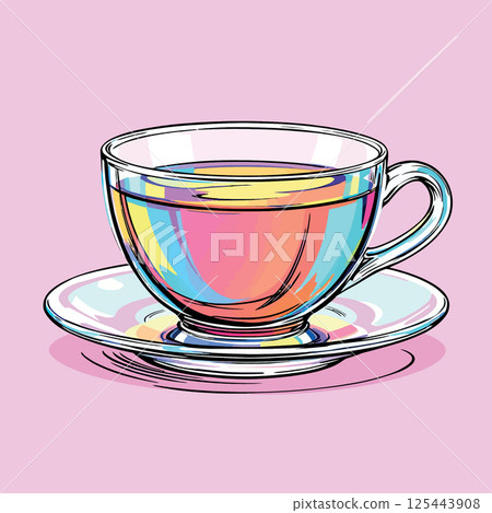 Vsai colorful glass cup of tea sitting on matching saucer 125443908