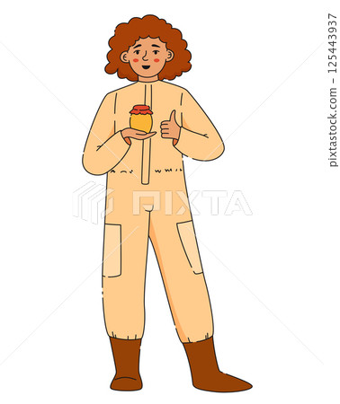 Woman beekeeper in protective suit holding fumigating bee hive with smoke Woman beekeeper in protective suit holding fumigating bee hive with smoke 125443937