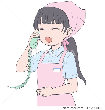 A black-haired female sales clerk talking on the phone, smiling 125444043