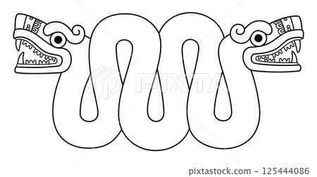 Aztec double-headed serpent Xiuhcoatl, a mythological snake and spirit form of the Aztec fire deity Xiuhtecuhtli, sometimes represented as weapon wielded by Huitzilopochtli. Motif of a chest ornament. 125444086
