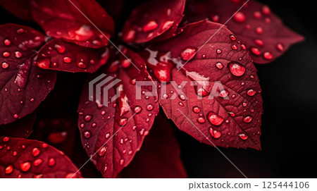 A close-up of vibrant red leaves adorned with shimmering water droplets, showcasing their texture, freshness, and natural beauty. 125444106