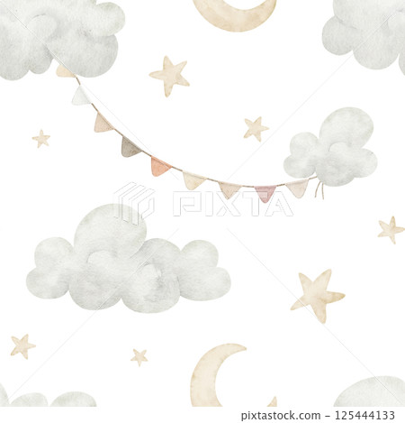 Watercolor seamless pattern with stars, crescent moon, and clouds in soft pastel tones. Illustration of childish background for nursery wallpaper or baby shower backdrop. Ornament with garlands. 125444133