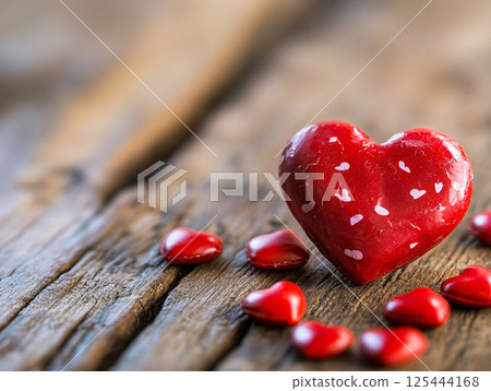 A shiny red heart-shaped object lies on a textured wooden surface, reflecting light and symbolizing love, emotion, and craftsmanship. 125444168