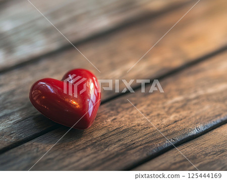 A shiny red heart-shaped object lies on a textured wooden surface, reflecting light and symbolizing love, emotion, and craftsmanship. 125444169