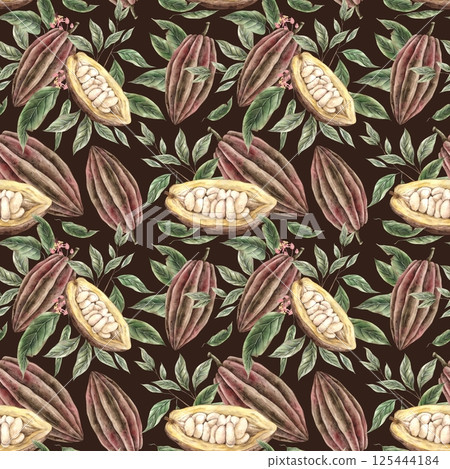 Cocoa beans brown, whole and halves, green leaves and pink flowers around. Hand drawn watercolor pattern on brown background, for food packaging design, chocolate branding, organic products, menu. 125444184