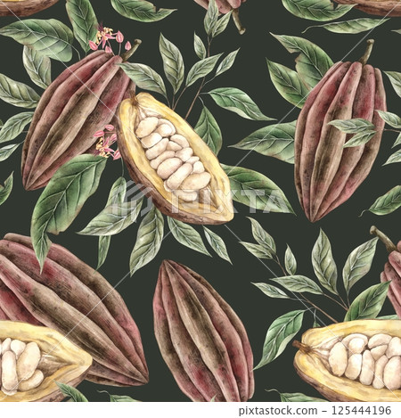 Cocoa beans brown, whole and halves, green leaves and pink flowers around. Hand drawn watercolor pattern on green background, for food packaging design, chocolate branding, organic products, menu. 125444196