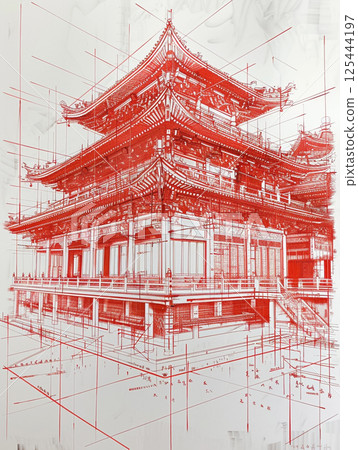 A detailed architectural drawing of a traditional Chinese building with intricate roof designs, multiple floors, and red ink accents on a white background 125444197