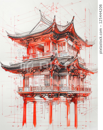 A detailed architectural drawing of a traditional Chinese building with intricate roof designs, multiple floors, and red ink accents on a white background A detailed architectural drawing of a traditional Chinese building with intricate roof designs, multiple floors, and red ink accents on a white background 125444206