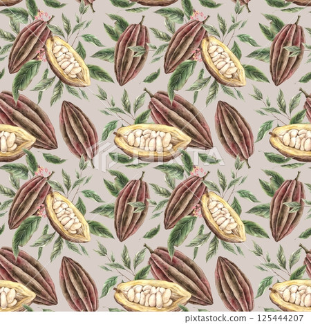 Cocoa beans brown, whole and halves, green leaves and pink flowers around. Hand drawn watercolor pattern suitable for food packaging design, chocolate branding, organic products, menu, labels. Cocoa beans brown, whole and halves, green leaves and pink flowers around. Hand drawn watercolor pattern suitable for food packaging design, chocolate branding, organic products, menu, labels. 125444207