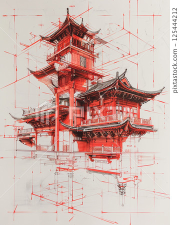 A detailed architectural drawing of a traditional Chinese building with intricate roof designs, multiple floors, and red ink accents on a white background 125444212