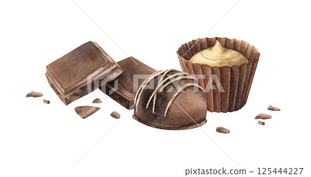 Broken pieces and crumbs of chocolate, candies with filling, truffle. Watercolor illustration on isolated background, suitable for packaging and branding of sweet dishes, confectionery, menu design. 125444227