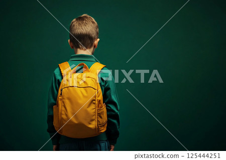 A child wearing a backpack, jacket, and jeans is standing and facing a dark green backdrop, embodying simplicity and solitude. A child wearing a backpack, jacket, and jeans is standing and facing a dark green backdrop, embodying simplicity and solitude. 125444251