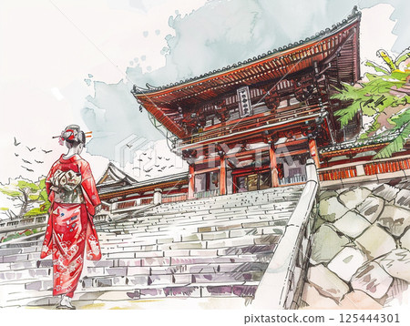 A geisha girl in a traditional Japanese kimono climbs stone steps towards a vibrant red temple gate, surrounded by lush greenery and blooming flowers, evoking cultural beauty and serenity. 125444301
