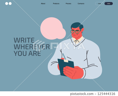 Writing people, modern flat vector concept illustration- standing man thoughtfully writing on clipboard, bubble near head Metaphor for reflection, personal insight, contemplation, creative expression 125444316