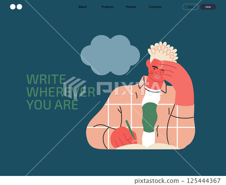 Writing people, modern flat vector concept illustration- sitting man thoughtfully writing on notebook, bubble near head Metaphor for reflection, personal insight, contemplation, creative expression 125444367