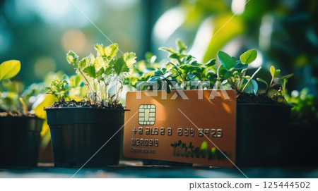 Credit card nestled among thriving young herb plants in pots. 125444502