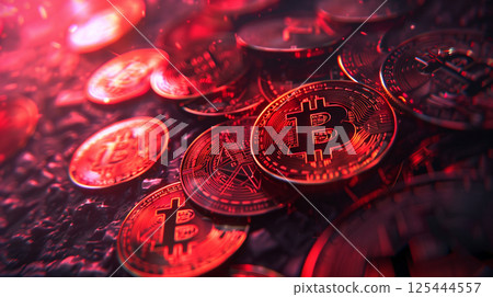 Multiple shiny Bitcoin coins with intricate designs are illuminated by red lighting, symbolizing modern cryptocurrency, finance, and digital innovation Multiple shiny Bitcoin coins with intricate designs are illuminated by red lighting, symbolizing modern cryptocurrency, finance, and digital innovation 125444557
