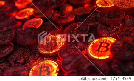 Multiple shiny Bitcoin coins with intricate designs are illuminated by red lighting, symbolizing modern cryptocurrency, finance, and digital innovation 125444559