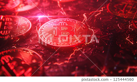 Multiple shiny Bitcoin coins with intricate designs are illuminated by red lighting, symbolizing modern cryptocurrency, finance, and digital innovation 125444560