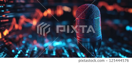 Studio microphone in vibrant neon light. 125444576