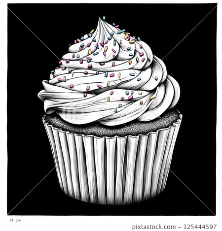 Delicious cupcake with white frosting and colorful sprinkles on black background. 125444597