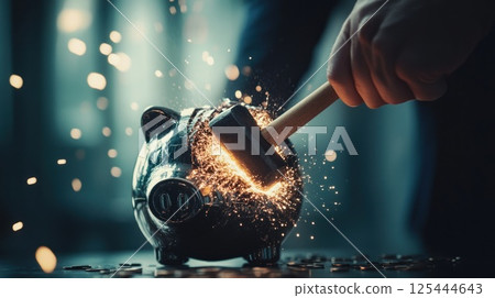 A hand smashes a piggy bank with a hammer, sparks flying. 125444643