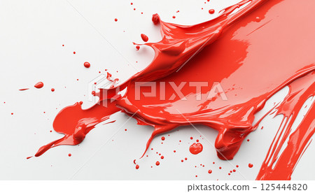 A dynamic splash of red paint with scattered droplets, showcasing vibrant fluid motion and artistic expression against a crisp white background. 125444820