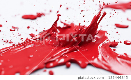A dynamic splash of red paint with scattered droplets, showcasing vibrant fluid motion and artistic expression against a crisp white background. 125444845