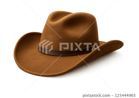 Classic Brown Cowboy Hat Resting on a Flat Surface in a Well-Lit Environment 125444965