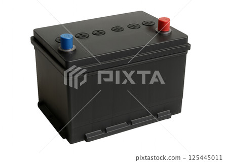 Automotive Battery on a Plain Surface Showcasing Design and Color Coding for Terminals 125445011