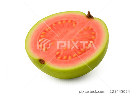 Juicy Guava Half Showcasing Vibrant Pink Flesh and Seeds on a Plain Background Juicy Guava Half Showcasing Vibrant Pink Flesh and Seeds on a Plain Background 125445034