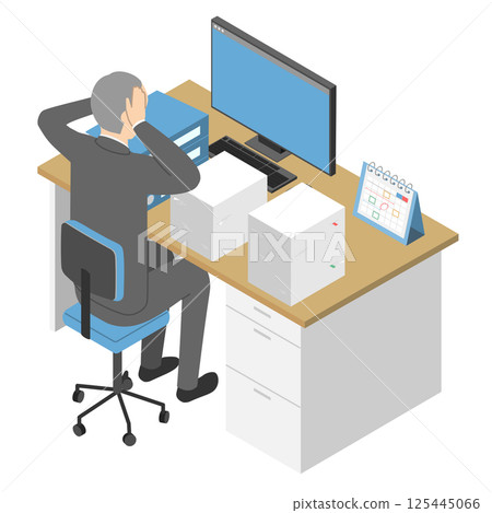 Isometric male office worker holding his head over a large amount of documents on his desk 125445066