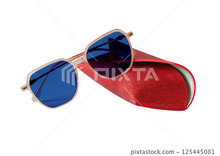 Sunglasses in golden frame on white background. 125445081