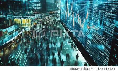 City crowd, digital screen, data, stock market. City crowd, digital screen, data, stock market. 125445125